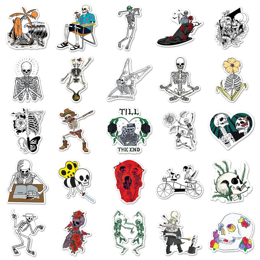 50-Piece Waterproof Skull Art Stickers for Luggage, Skateboards, Laptops, and Water Bottles.