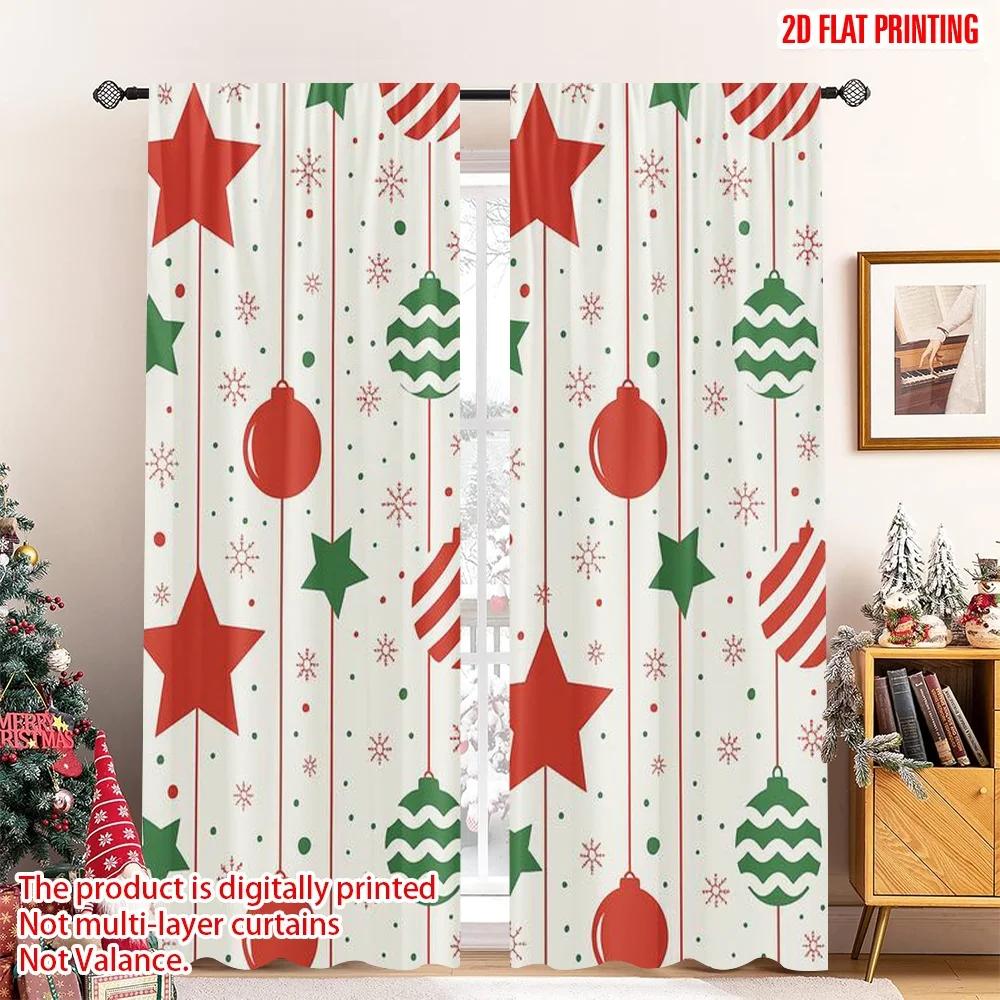

Flat Printing Christmas Curtains Stars Baubles Digital Printed Polyester Drapes Festive Holiday Indoor Curtain Set Of 2 Made Washable W100*H70(CM)-Hooks&2PCS