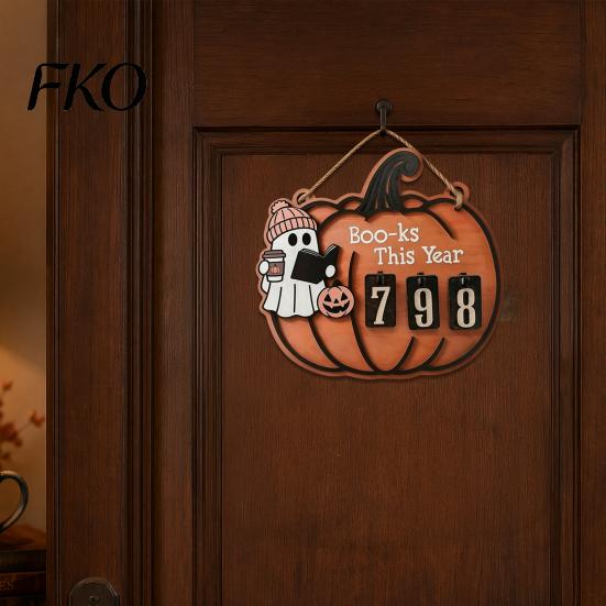 Pumpkin Ghost Design Halloween Reading Tracker Wooden Hanging Sign, Sliding Number Counter for Book Read This Year, Fun Gift Spooky Decor