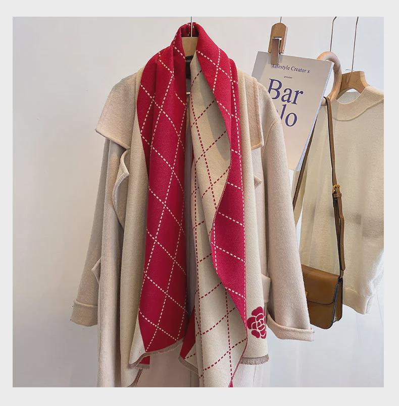 Korean-Style Plaid Flower Imitation Cashmere Scarf: Long, Thick Winter Shawl for Women & Students