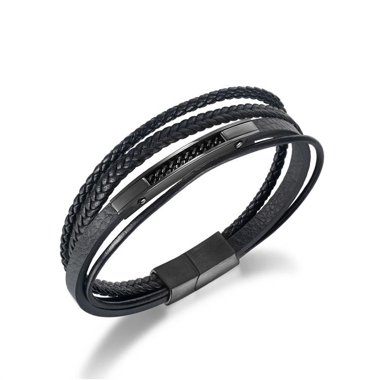 Handsome Men Silver&gold&black Leather Bracelet with Stainless Steel Clasp