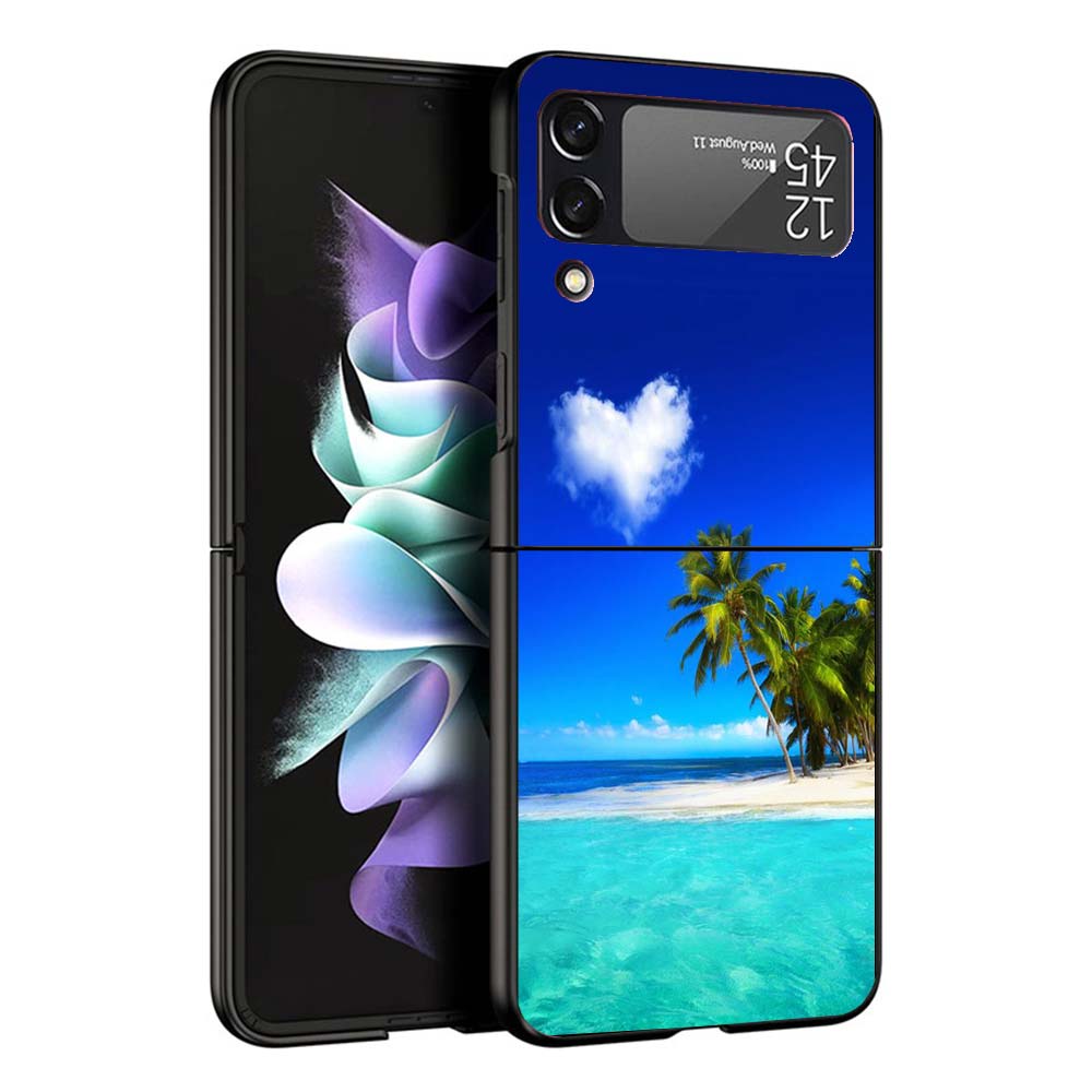 

Summer Beach Sunset Sea Palm Tree Black Cover for Samsung Galaxy Z Flip 7 6 5 4 3 5G Phone Case Flip7 Flip6 Flip5 Flip4 Flip3 Pa Samsung Z Flip 3