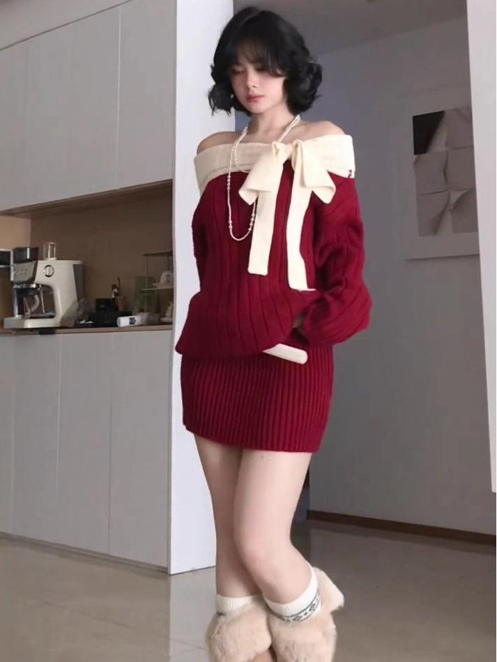 Women's Red Off-Shoulder Long Sleeve Knit Dress - Christmas Bow Detail, Hip-Hugging Short Skirt for Autumn/Winter