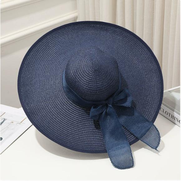 Cappello da Sole Estivo a Tesa Larga per la Spiaggia all'Aperto Moda Bordo Larga Pieghevole Cappello da Sole da Donna Colore Unito Decorazione Fiocco Cappello a Cilindro