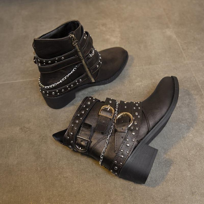 Large size classic three-breasted square heel pointed Martin boots autumn and winter rivet side zipper women's boots