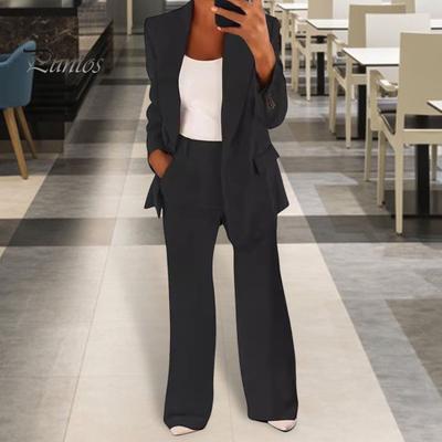 2 Pcs/Set Lady Formal Coat Pants Set Long Sleeves Slim Fit Lapel Cardigan Mid Length Jacket High Waist Wide Leg Trousers Formal Business Commuting