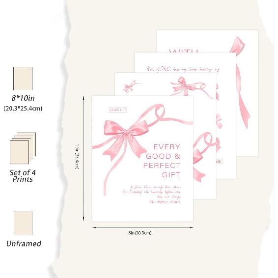 Coquette wall decor teen girl room pink bow wall art decor poster pirational Bible Verses Bow Wall Deco 10x8 inches 4pcs (unframed)