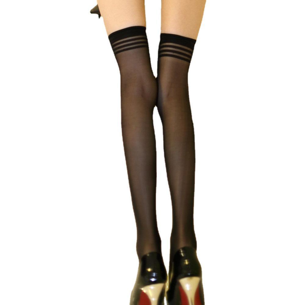 Gray Striped Over-the-Knee Sexy Stockings - Core-Spun Silk, Transparent, Spring Style for Women