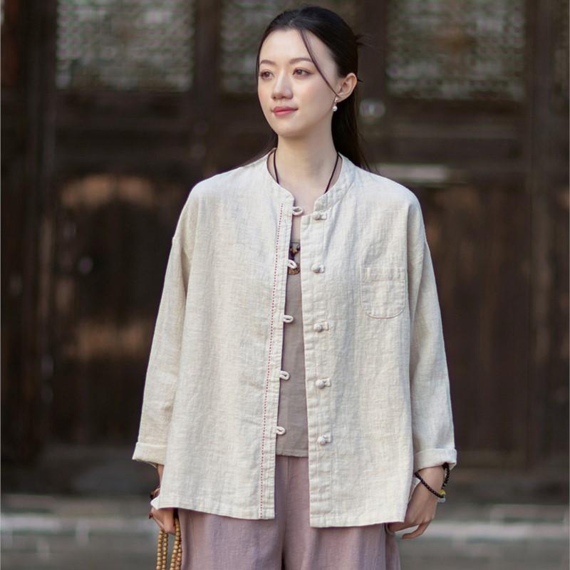 Johnature Women Vintage Shirts Spring Chinese Style Solid Color Stand Long Sleeve Button Pockets Blouses
