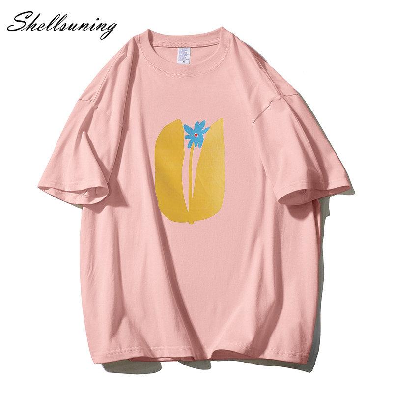 Shellsuning Summer Aesthetic Floral T Shirts Women Loose Short Sleeve Cotton Printed Tees Female Casual O Neck Vintage Base Tops