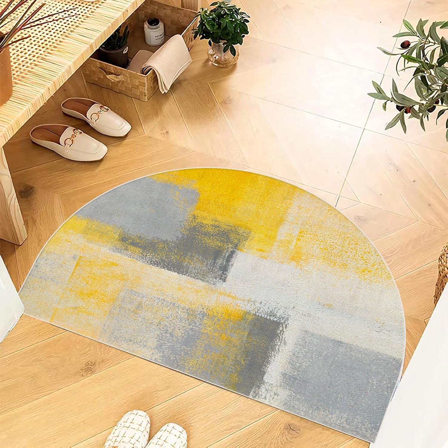 Tapis Rond Moderne Abstrait Lavable Antidérapant Tapis de Sol Demi-Lune Bienvenue Paillasson Orange Gris Entrée Intérieure 40x60cm-Felt