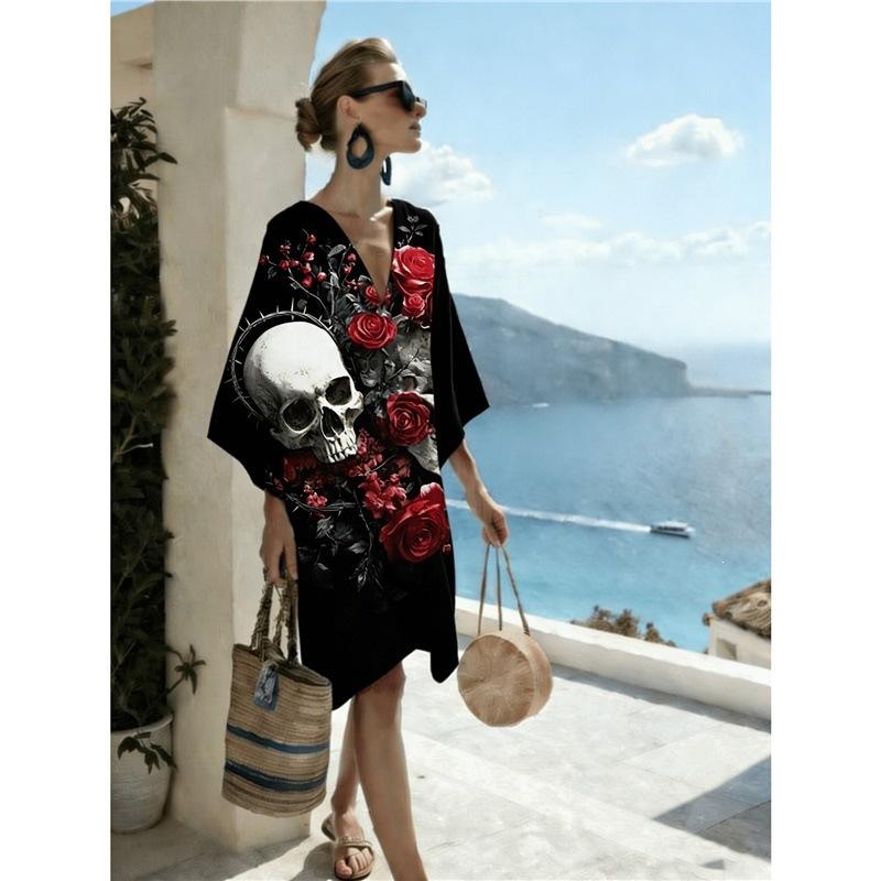 26 New European and American Bohemian large-size women's clothing casual loose 3D printed dress robe