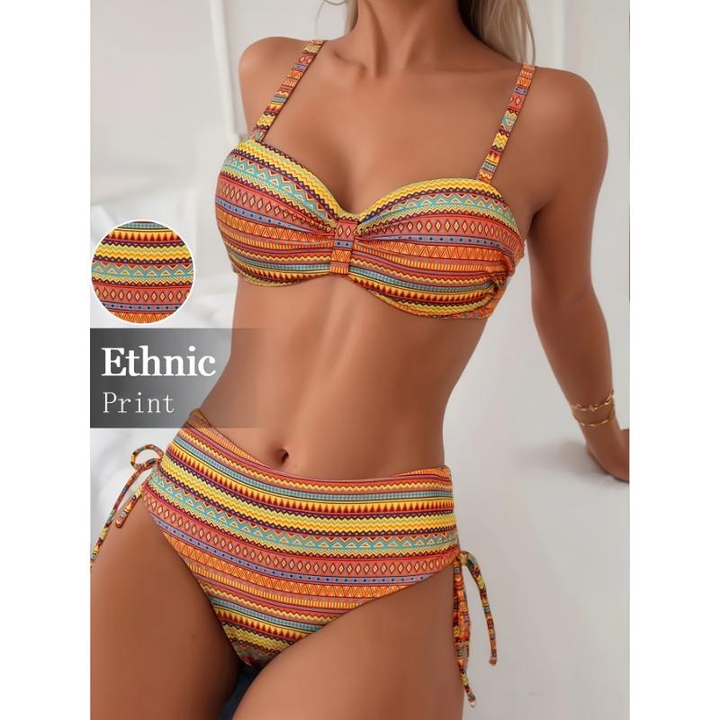 Women's Ethnic Print Two Piece Bikini Set - Side Tie High Waist Bathing Suit