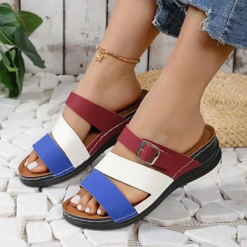 Fashion New Women's Mixed Color Wedges Slippers Summer Peep Toe Non Slip Beach Shoes Woman Buckle Decor Slippers Platform Roman Sandals