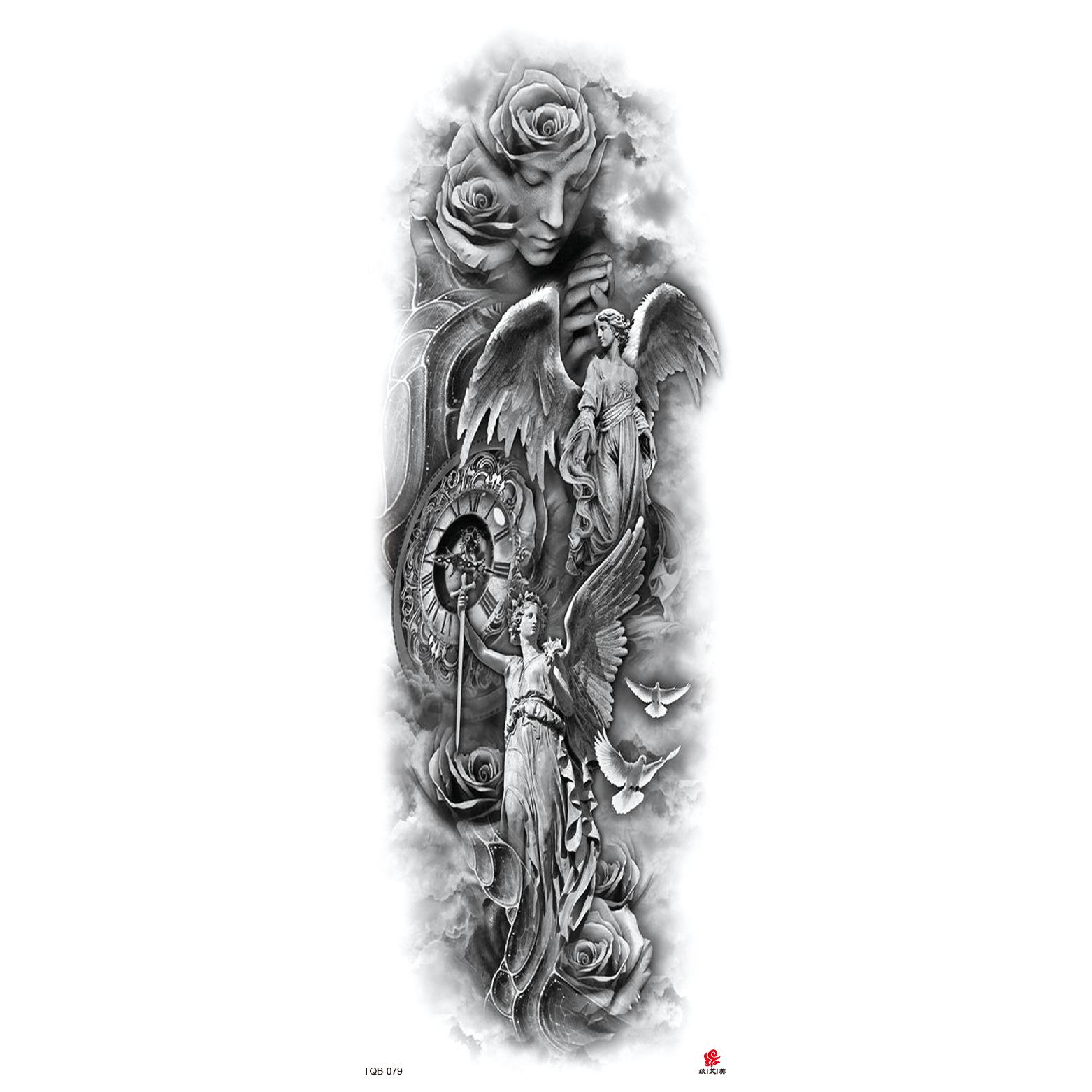 Full Arm Waterproof Temporary Tattoo Sleeve Angel Statue Design with Clock and Roses Waterproof Body Art Decal for Skin Application One Size чёрный