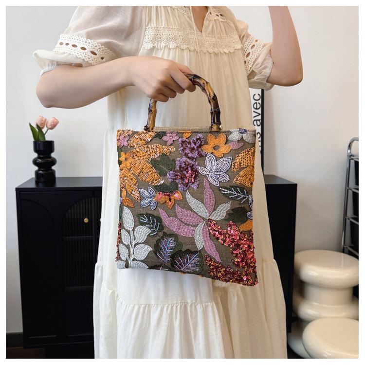 2024 Women's Cross-border Linen Bamboo Handbag with Embroidery and Sequins