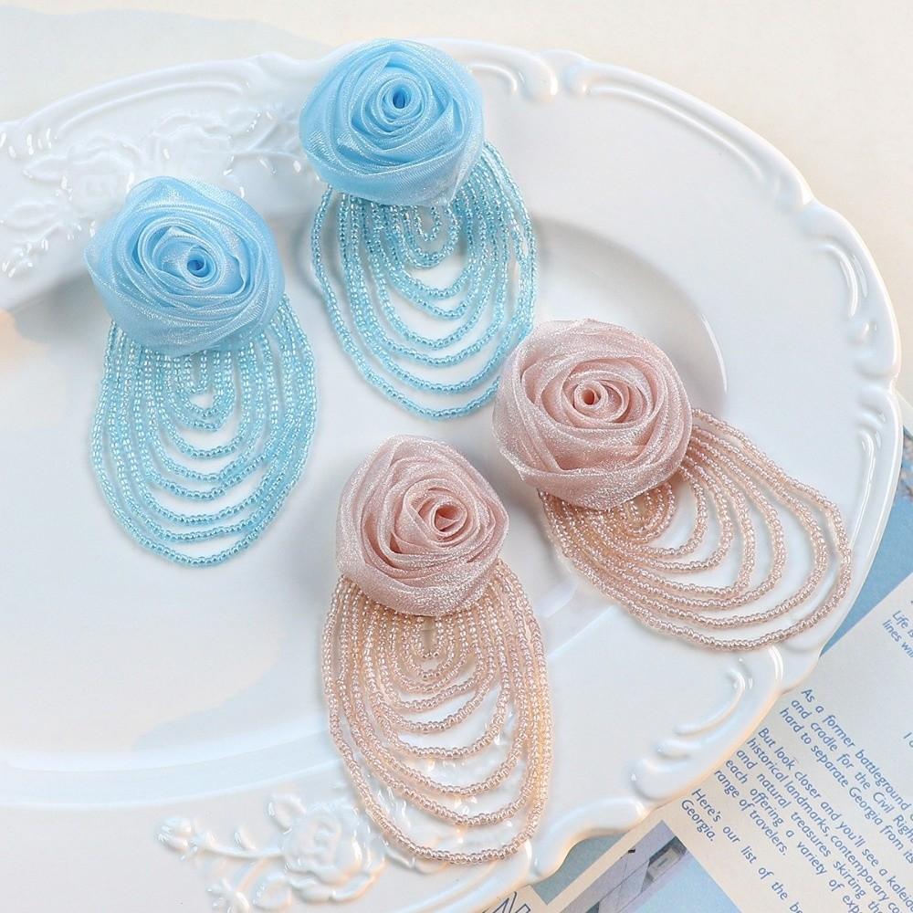 Retro DIY Organza Rose Flower Handmade Mesh Chest Flower Bead Tassel Clothing Patches Hair Clip Accessories