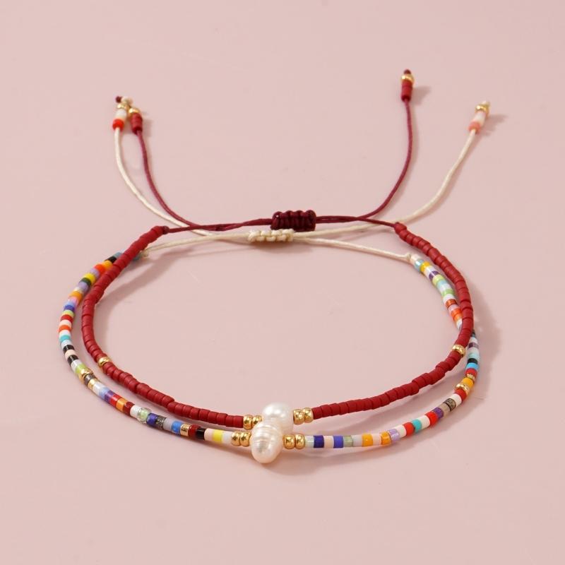 2 Piece Handcrafted Bohemian Pearls Bracelets Adjustable Cord Braided Design Beaded Bangle for Everyday Wear