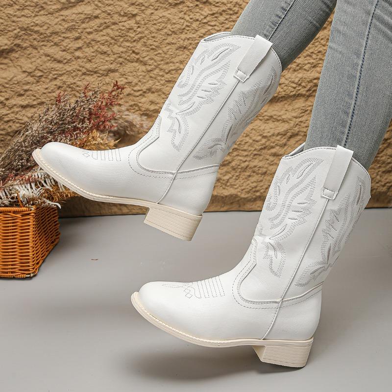 Fashion Autumn Shoes for Women New Embroidered Western Cowboy Boots Women Pointed Toe Thick Heel High Knee Boots Woman Botas De Mujer