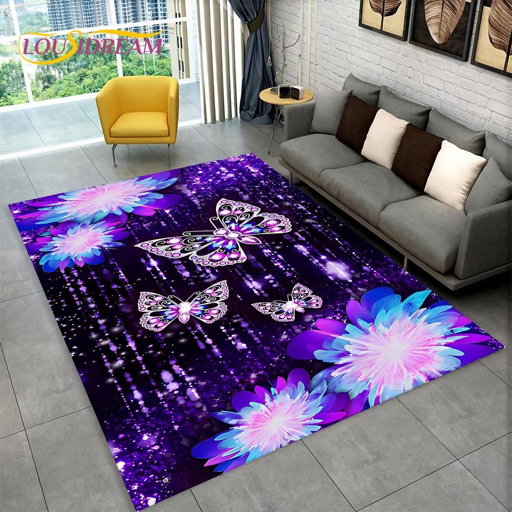 Dream Butterfly Flower Area Rug Large,Carpet Rug for Home Living Room Bedroom Sofa Doormat Decor,Kid Play Non-slip Floor Mats