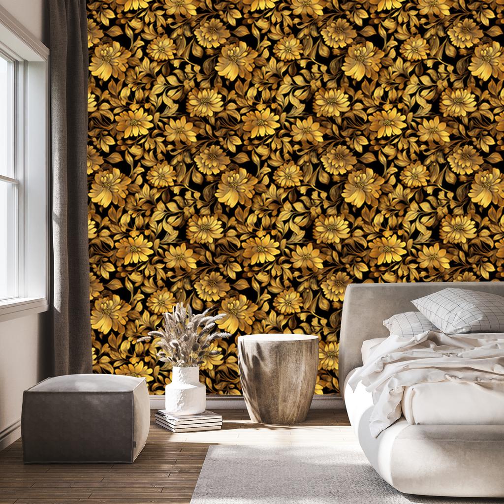 Golden Hibiscus Wallpaper Ochre and Gold, Clear Detail 50x1000