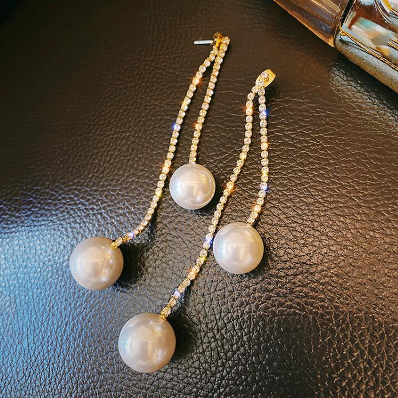 

S925 Silver Korean Rhinestone Pearl Tassel Earrings золотой