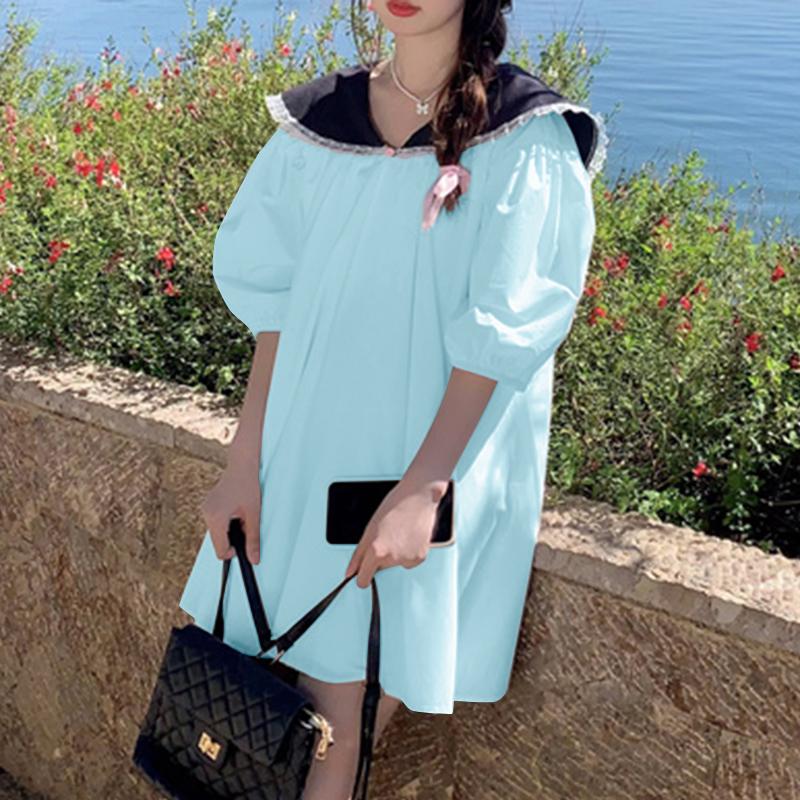 

VONDA Женские летние платья с контрастными лацканами и короткими рукавами 4XL синий