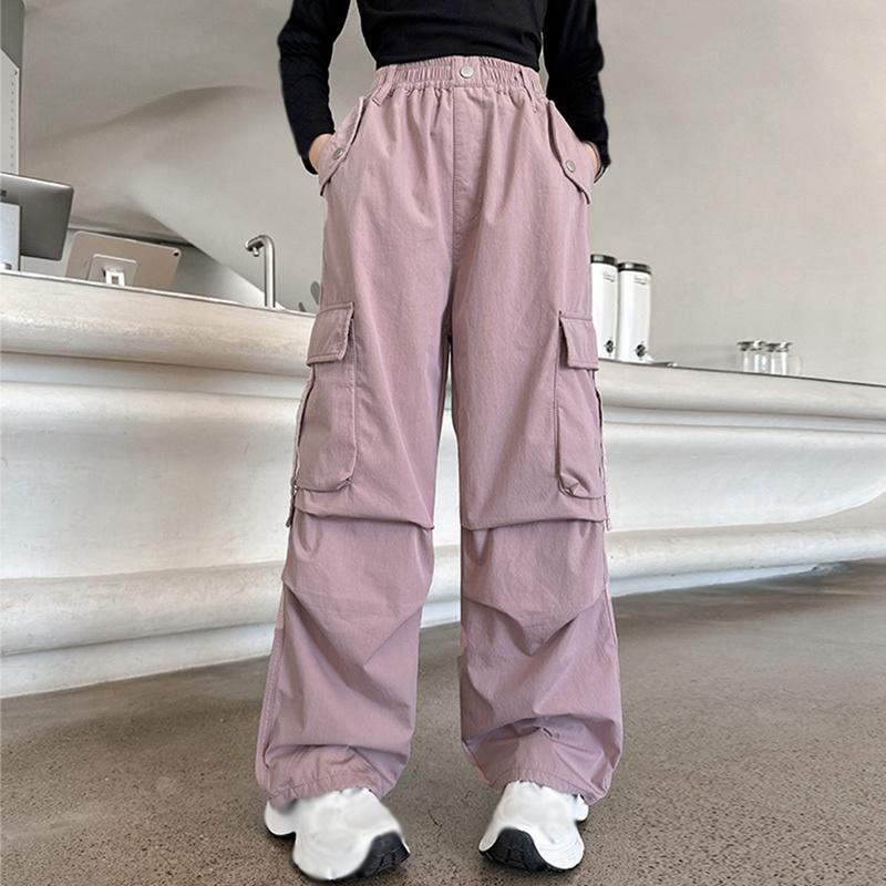 Kids Girls Casual Cargo Pants Multi Pocket Wide Leg Pants 130