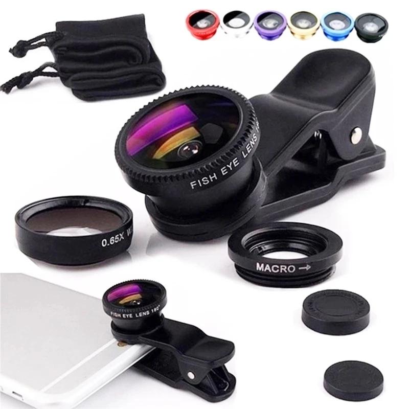 3in1 Fisheye Wide Angle Micro Camera Lens for iPhone Xiaomi Redmi 3in1 Zoom Fish Eye Len on Smartphone Lenses with Phone Clip