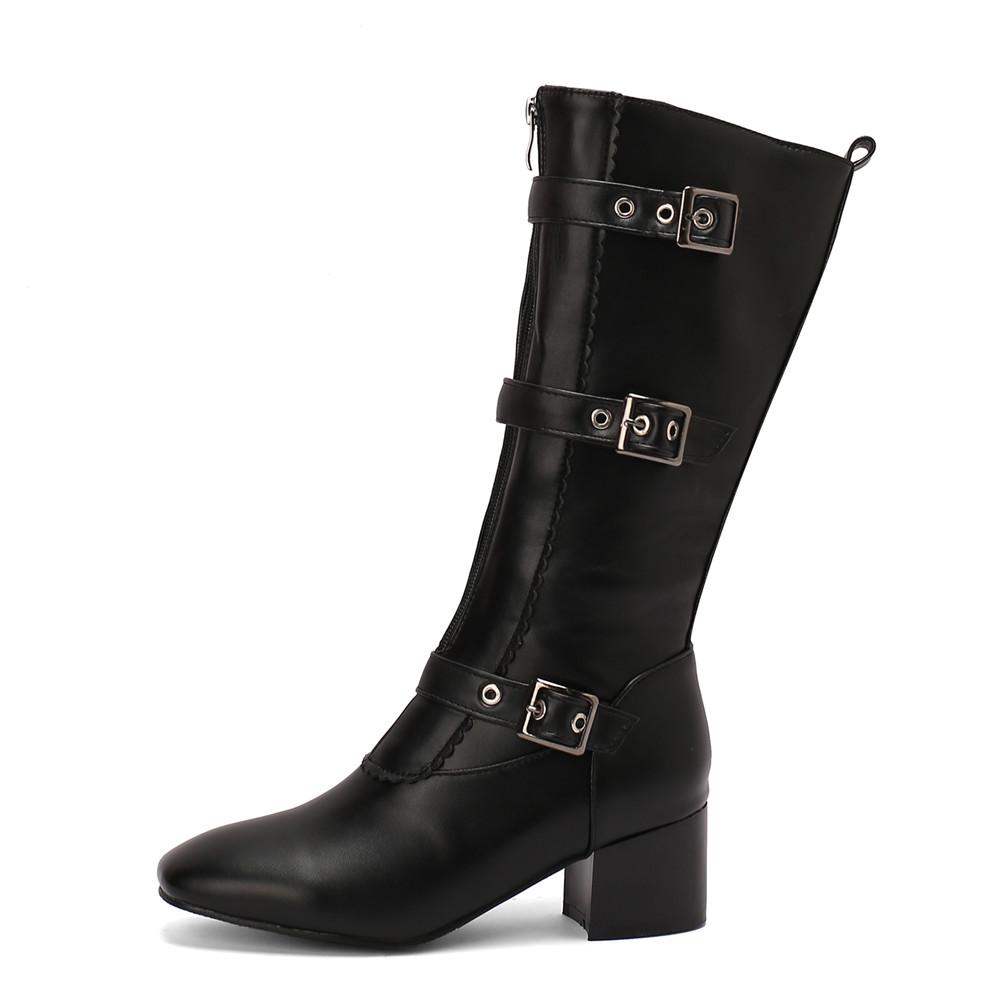 Knee-High Boots Women Vintage Belt Buckle Shoes Female Square High Heel Zipper Autumn Winter Soild Casual Botas Feminina