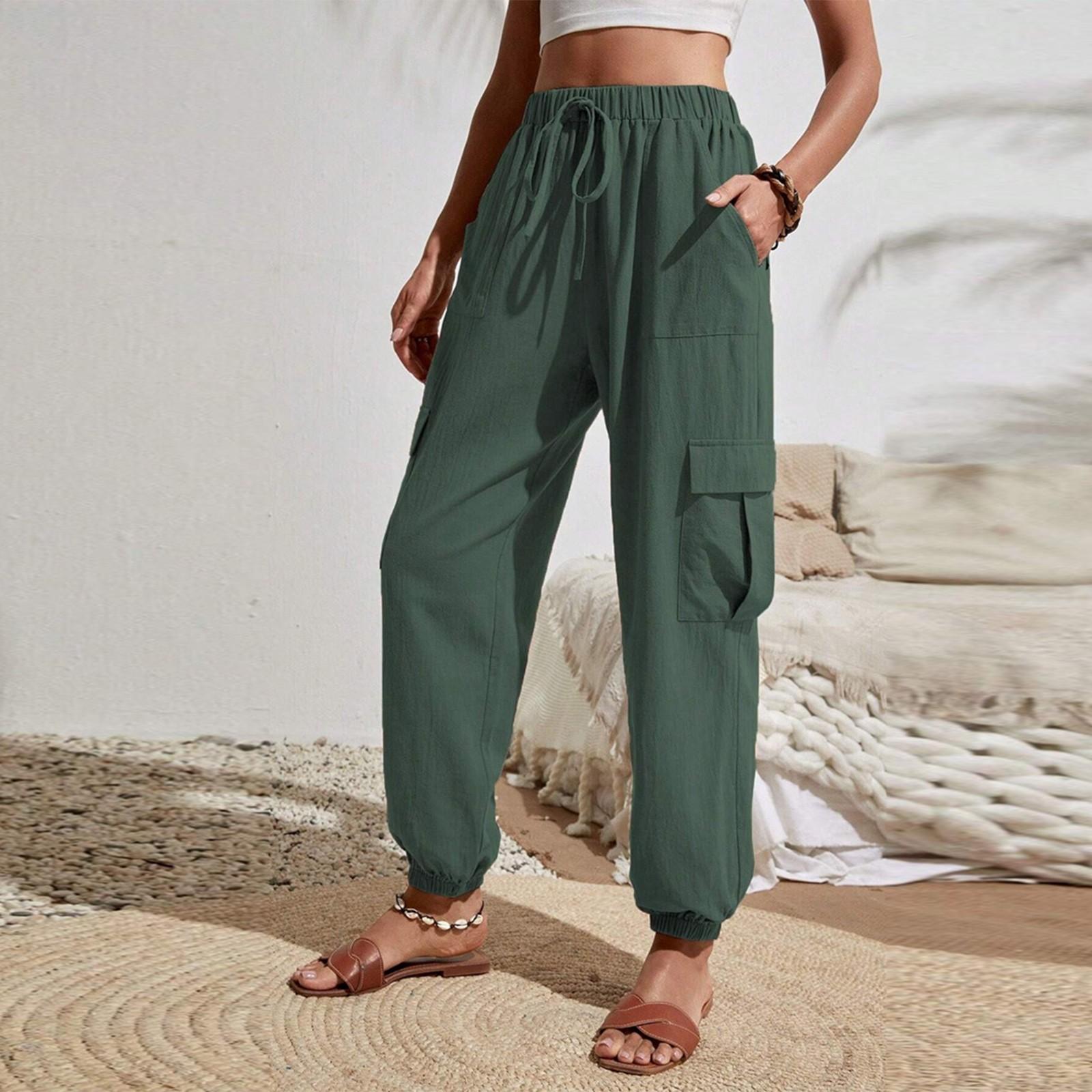 

Женские модные однотонные брюки с эластичной талией и карманами, универсальные повседневные рабочие брюки M