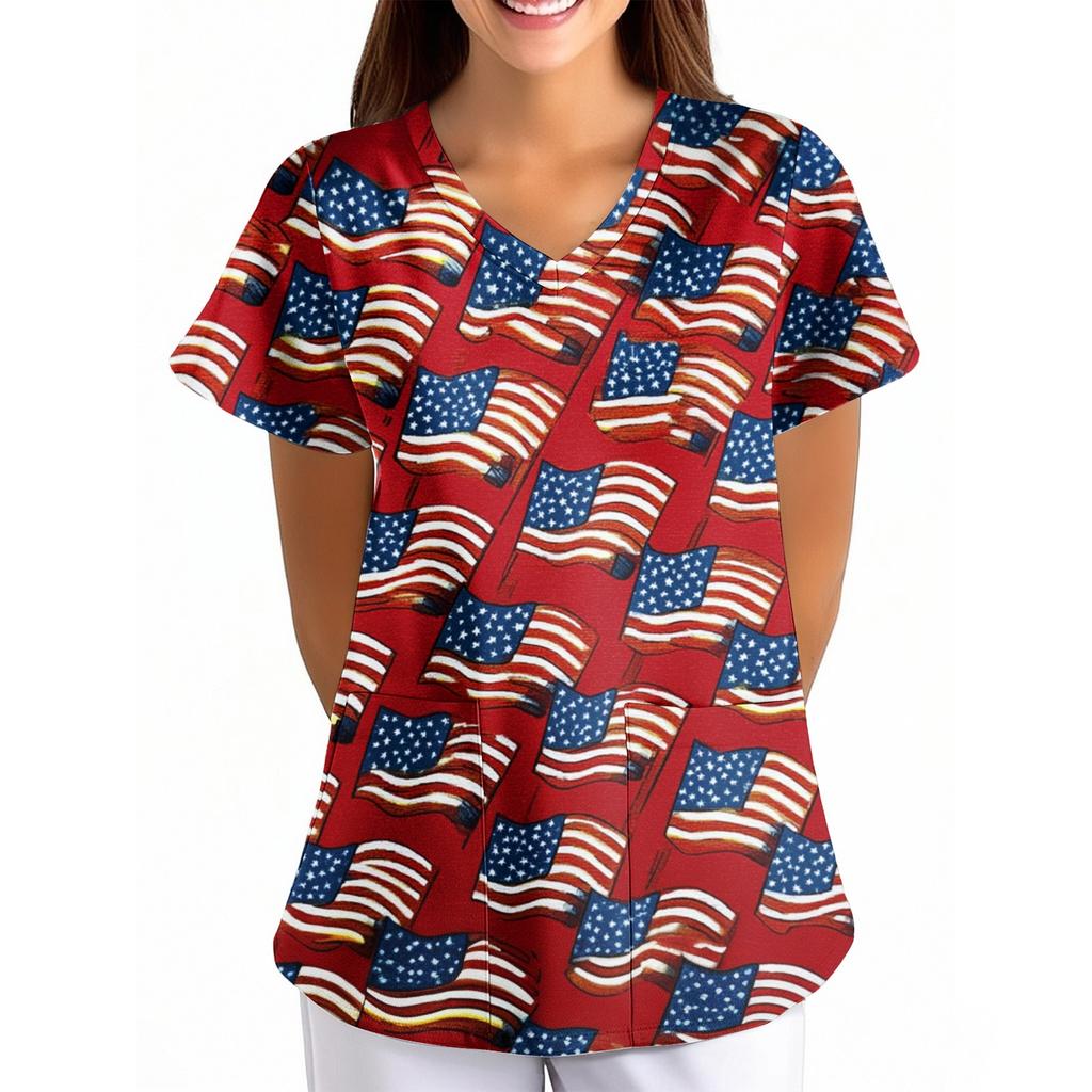 Women's Independence Day Printed Loose V-Neck Pocket Short-Sleeve Caregiver/Uniform