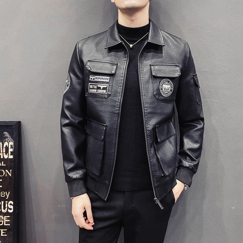 Autumn and winter baseball washed black multi-pocket casual zip lapel suit collar business youth leather jacket men's jacket