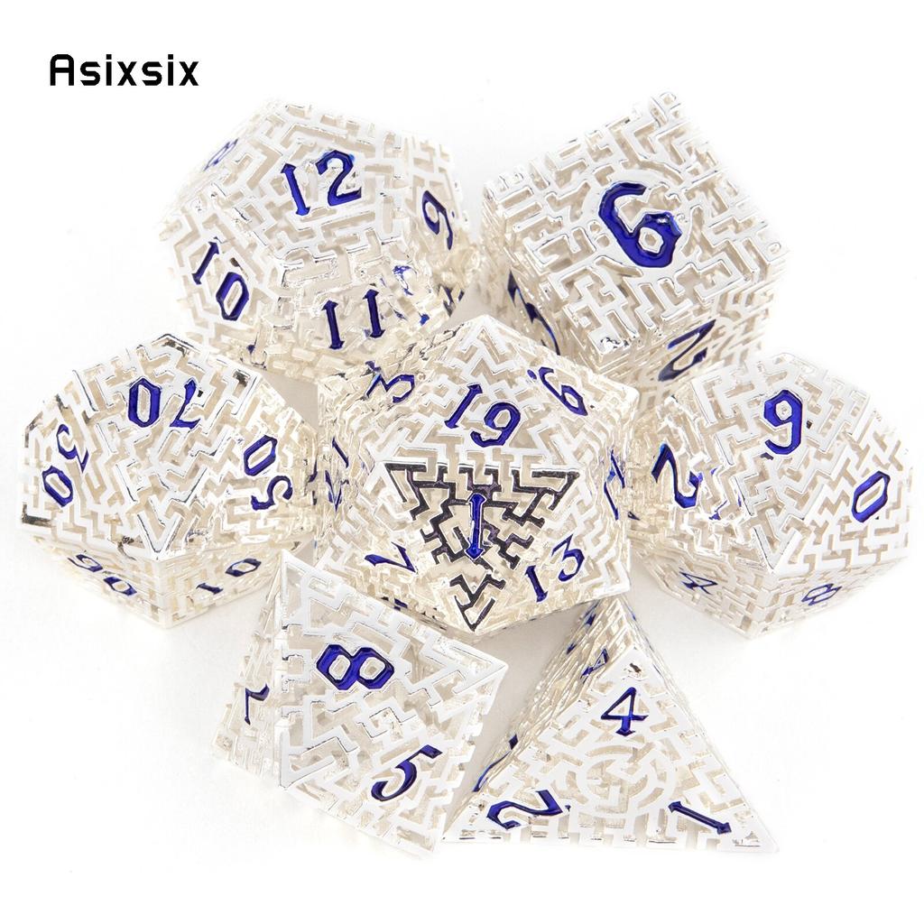 7 Pcs  White Blue Metal Dice Maze Hollow Metal Polyhedral Dice Set Suitable for Role-Playing RPG  Board Game Card Game
