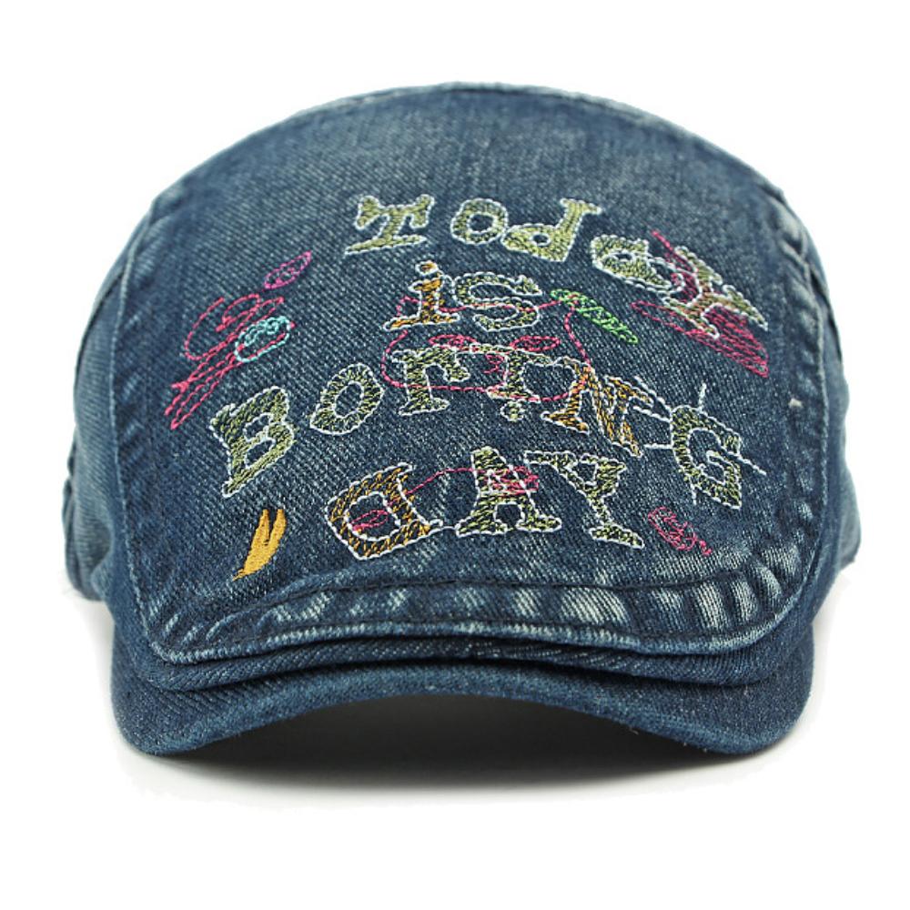 HT4739 Mens Berets Women Letters Embroidery Denim Beret Cap Vintage Artist Painter Beret Hat Male Female Adjustable Ivy Flat Cap