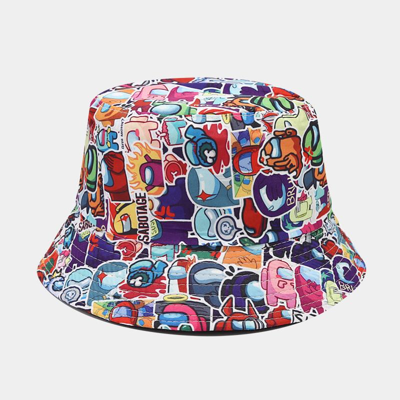 Cartoon Anime Fishman Flat Top Bucket Hat With Breathable Cotton For Spring Summer Casual Wear