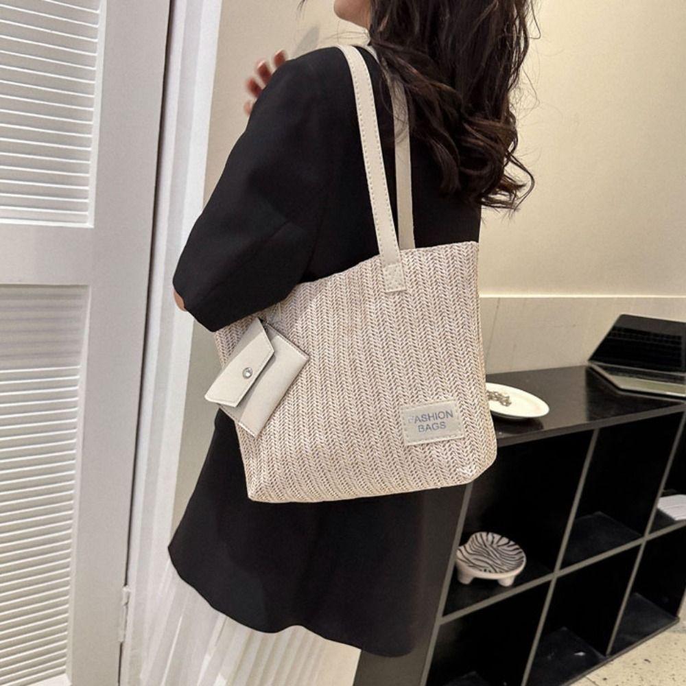 Bohemian Style Weave Straw Tote Bag Square Raffia Shoulder Bag Casual Beach Bag Streetwear