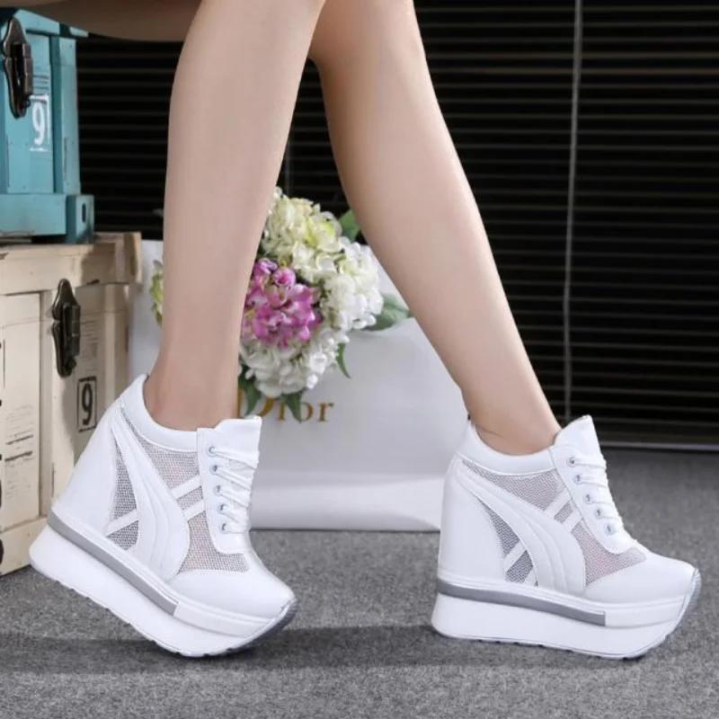 Fashion Women Platform Sneakers 2025 Summer Breathable Mesh Shoes Women Wedges Heels Casual Shoes 11 CM Thick Sole Trainers White Shoes
