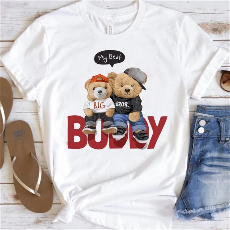 Cute Bear Print Shirts White Fashion Women T-Shirts Harajuku Kawaii Clothes Short Sleeve Summer Tees Casual Female Tops O-Neck