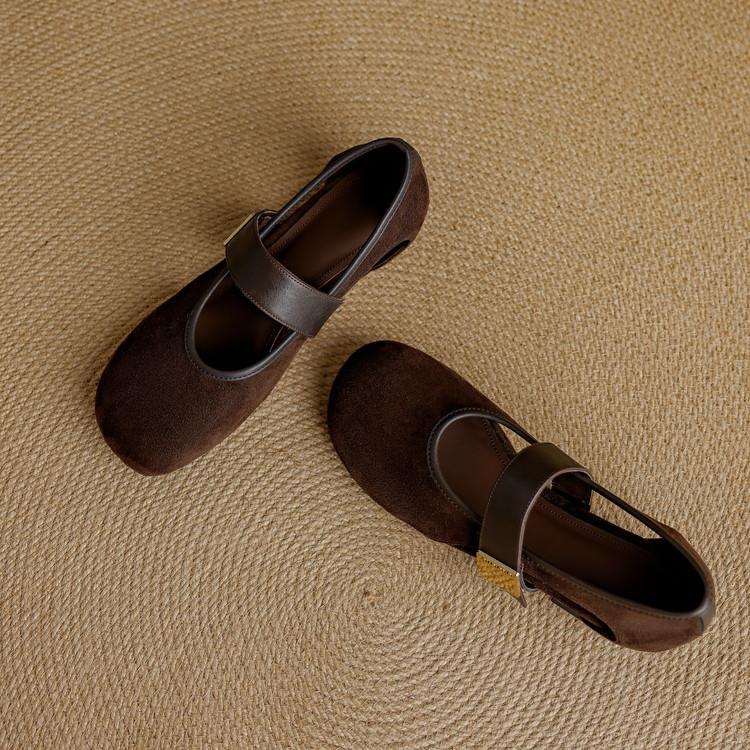 Sheepskin version~ round head hollow word with simple Mary Jane shoes women's versatile inner height increase French shallow mouth small single shoes