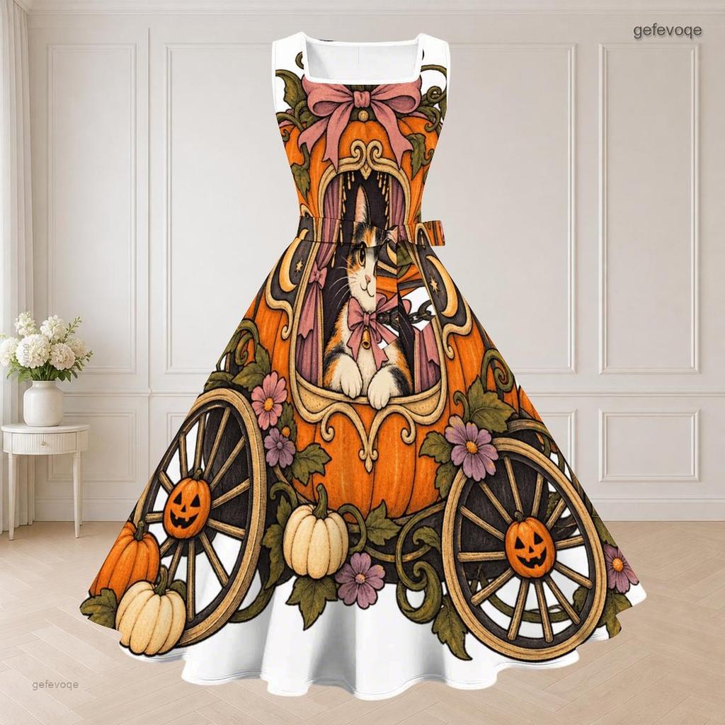 Women Plus Size Halloween Printed Two Piece Set Short Sleeve Cropped Shrug Sleeveless Square Neck Tie Waist Flared Dress