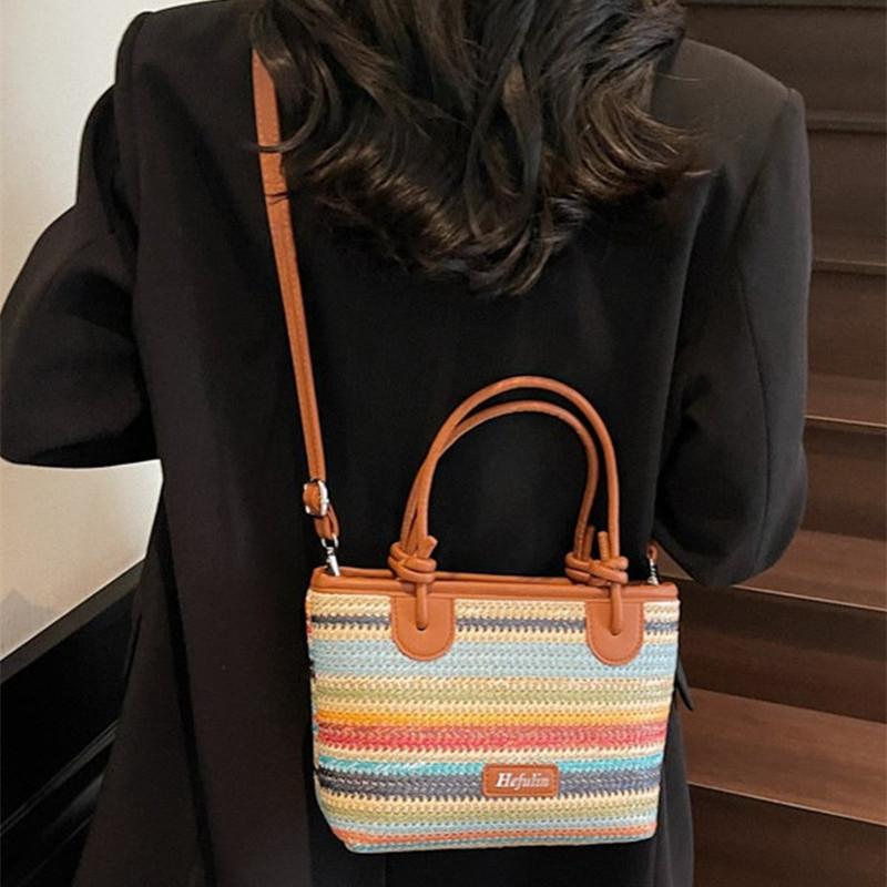 2025 New Fashion Women Summer Boho Woven Rainbow Straw Beach Handbags New Brand Trendy Vacation Tote Bag Crossbody Shoulder Bag