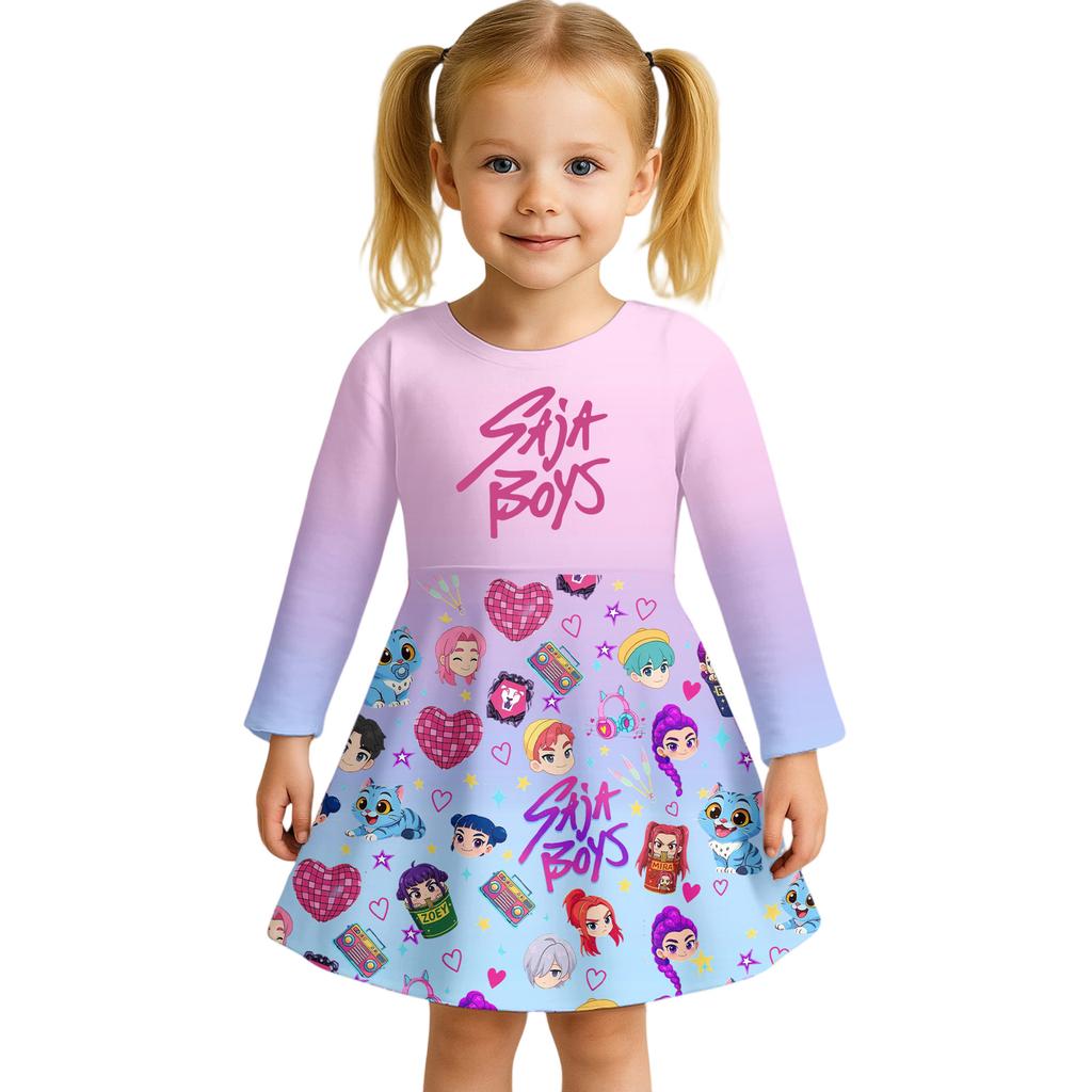Kids Girls Casual Daily Dress Cute Cartoon Print Long Sleeves Dance Wear Princess Dress  2-12 Years