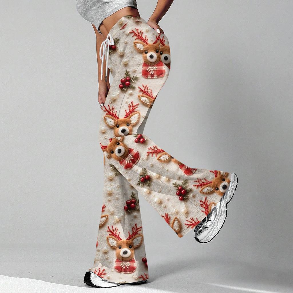Women's Fashion Loose Drawstring Waist Christmas Printed Casual Sports Pants Casual Flared Pants