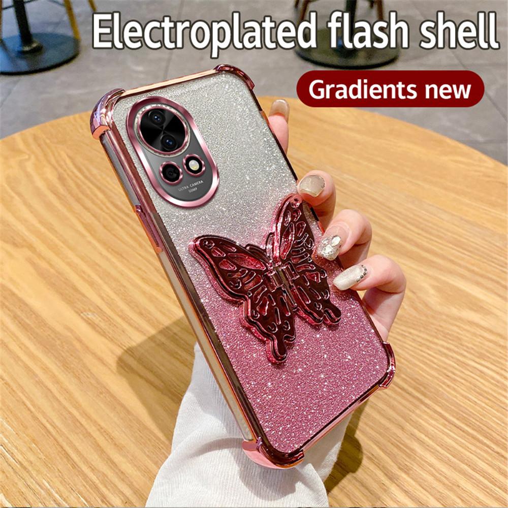 Shockproof Glitter Butterfly Holder Stand Phone Case For Huawei Nova 13 Pro 12 11 10 9 8 7 6 5 Pro SE Plating Soft Silicon Cover