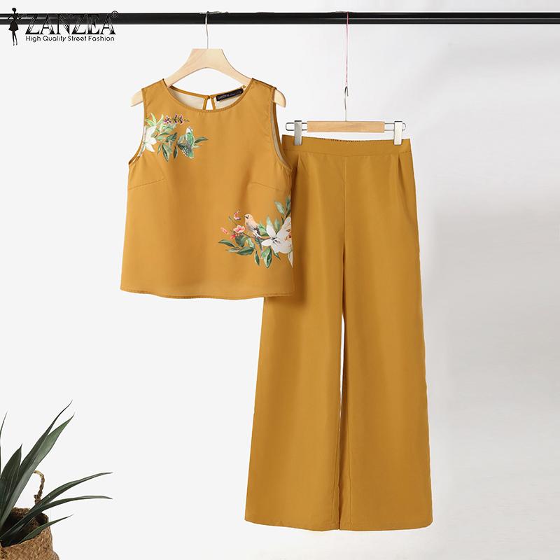 

ZANZEA Женские майки и брюки с цветочным принтом, летние повседневные комплекты из двух предметов M зелёный