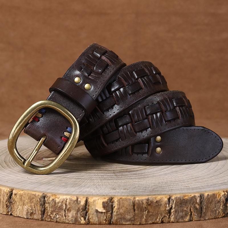 New First-Layer Cowhide Hand-Woven Belt Men S Leather Pin Buckle Retro Trend Personalized Woven Jeans Belt 120cm
