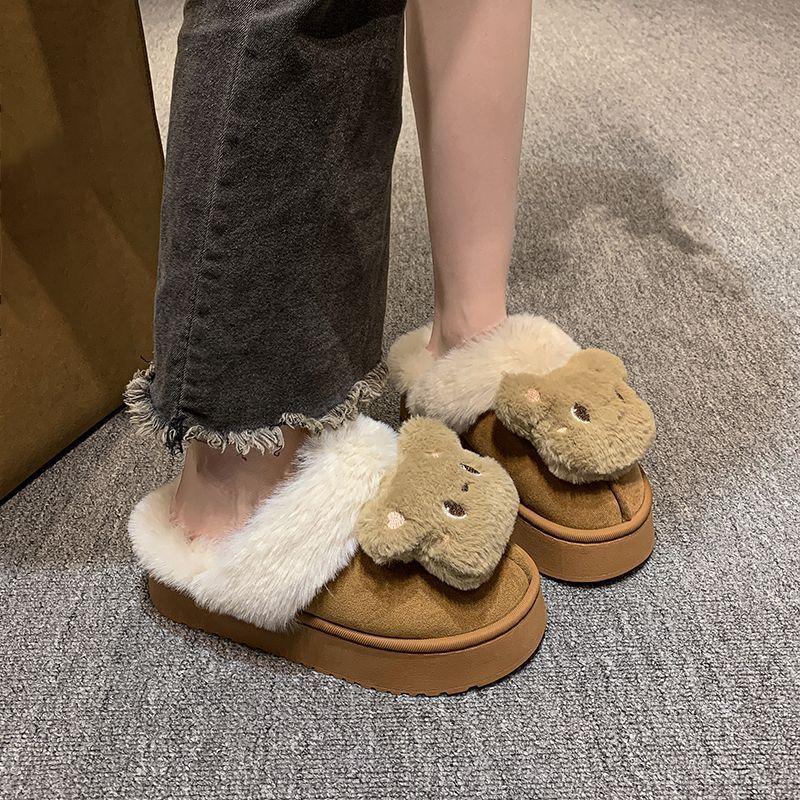 2025 autumn and winter new fashion home fluffy warm cotton slippers high value cute bear fluffy slippers outer wear