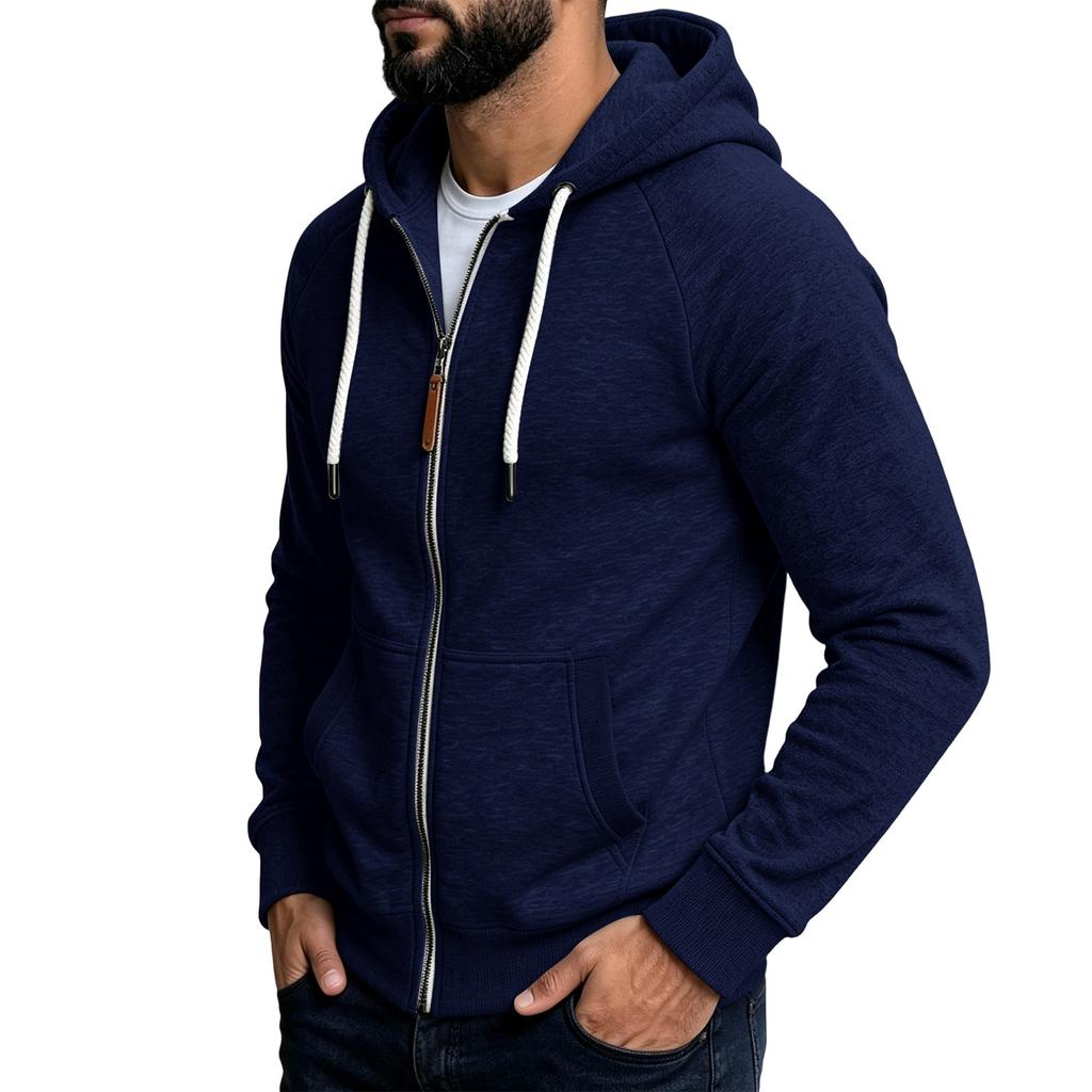 Men's Color Casual Zip-Up Hooded Jacket with Large Pockets and Raglan Sleeves