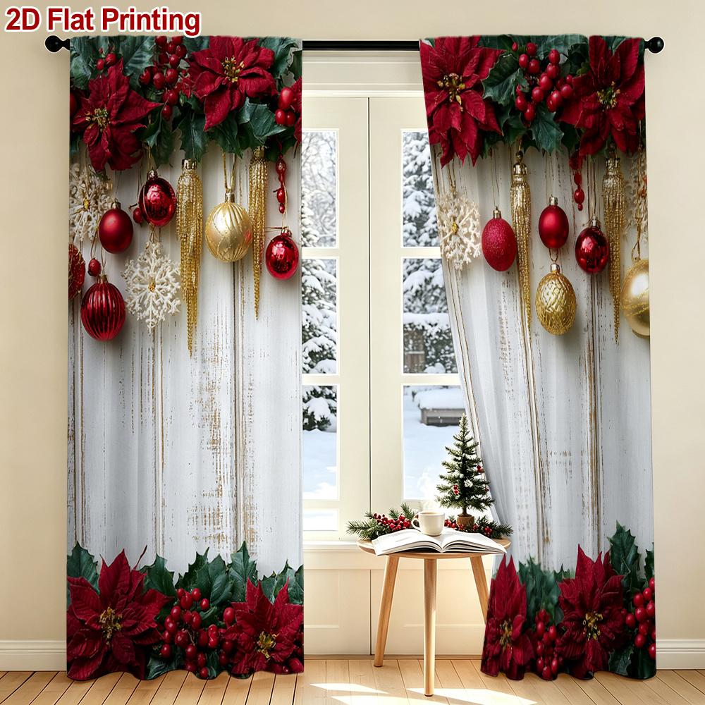 2PCS Christmas Winter Curtains, Poinsettia Berry Christmas Ornament, Digital Print, Bedroom Living Room, Rod Pocket, Home Decor